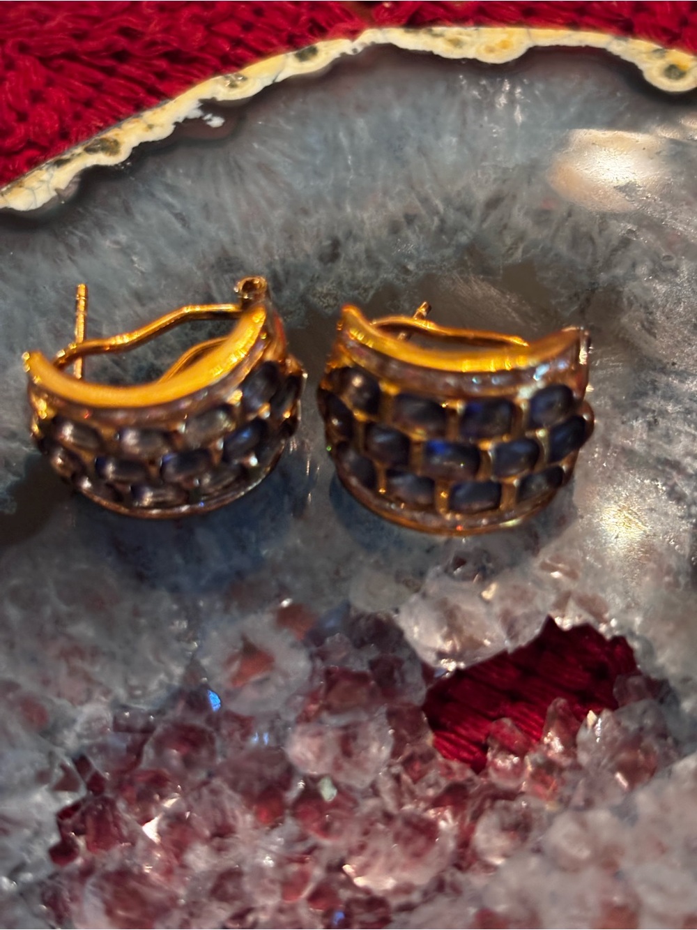 Blue Sapphire-Style Stacked Hoop Earrings - 14K Gold Tone - Picture 2 of 5